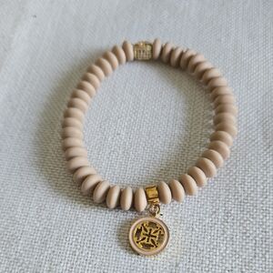 Rustic Cuff Beige/Tan Silicone Beaded Bracelet with Gold Charm